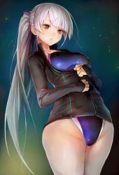 Rule 34 | 1girl, breasts, competition swimsuit, highres, jacket, large breasts, long hair, long sleeves, looking at viewer, one-piece swimsuit, original, ponytail, red eyes, silver hair, solo, swimsuit, swimsuit under clothes, taishi (picchiridou), tsuru-chan, unzipping, very long hair, zipper