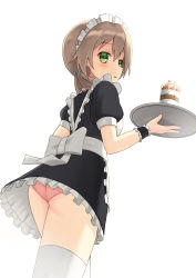Rule 34 | 1girl, apron, ass, back, black dress, blush, cowboy shot, dress, food, frilled apron, frilled dress, frills, from behind, from below, fruit, glass, green eyes, hair between eyes, hair over shoulder, hair tie, highres, holding, holding tray, kurisu-kun, light brown hair, long hair, looking at viewer, looking back, maid, maid apron, maid headdress, original, panties, pantyshot, parfait, parted lips, pink panties, puffy sleeves, short dress, short sleeves, solo, standing, strawberry, sweets, thighhighs, tray, twintails, underwear, upskirt, walking, white apron, white background, white thighhighs, wrist cuffs