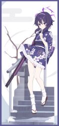 Rule 34 | 1girl, absurdres, back bow, blue archive, bow, floral print kimono, flower, gun, hair flower, hair ornament, hairband, halo, haruka (blue archive), haruka (new year) (blue archive), highres, holding, holding gun, holding weapon, japanese clothes, kimono, kyukouka p, looking at viewer, purple eyes, purple hair, purple hairband, purple kimono, railing, socks, solo, stairs, standing, weapon, white socks, wide sleeves