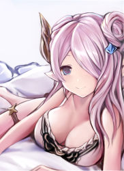 Rule 34 | 10s, 1girl, bikini, blue eyes, breasts, cleavage, closed mouth, commentary request, draph, female focus, granblue fantasy, hair ornament, hair over one eye, horns, large breasts, light purple hair, long hair, looking at viewer, lying, nannacy7, narmaya (granblue fantasy), on stomach, pink hair, pointy ears, smile, solo, swimsuit, thigh strap, white bikini
