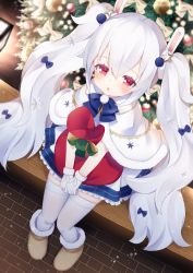 Rule 34 | 1girl, :o, animal ears, azur lane, blue bow, blurry, blurry background, blush, boots, bow, brown footwear, capelet, christmas, christmas ornaments, christmas tree, commentary request, depth of field, dress, from above, fur-trimmed boots, fur-trimmed capelet, fur trim, hair between eyes, hair bow, hair ornament, highres, kokone (coconeeeco), laffey (azur lane), long hair, looking at viewer, looking up, parted lips, rabbit ears, red eyes, sack, sidelocks, sitting, snowflake hair ornament, solo, star (symbol), star hair ornament, thighhighs, twintails, very long hair, white capelet, white dress, white hair, white thighhighs