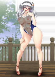 Rule 34 | 10s, 1girl, ayato, beret, bespectacled, blue eyes, blush, breasts, competition swimsuit, curvy, day, fishnet swimsuit, fishnets, glasses, hand on own thigh, hand on thigh, hand to own mouth, handrail, hat, highleg, highleg swimsuit, highres, house, kantai collection, kashima (kancolle), large breasts, looking at viewer, naughty face, navel, nipples, one-piece swimsuit, open mouth, outdoors, red-framed eyewear, shiny skin, silver hair, solo, swimsuit, twintails, wavy hair