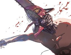 Rule 34 | 1boy, 2k9vyce15annnna, blood, chainsaw, chainsaw man, denji (chainsaw man), faceless, highres, open mouth, sharp teeth, simple background, solo, teeth, tongue, tongue out, topless, topless male, weapon, white background