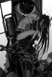 Rule 34 | 1girl, arm support, belt, bent over, bikini, bikini top only, black rock shooter, black rock shooter (character), boots, chain, disembodied eye, elbow gloves, eye focus, flaming eye, from side, gloves, greyscale, hair behind ear, highres, huge weapon, kaaaa369, leaning forward, long hair, midriff, monochrome, ribbon, scar, short shorts, shorts, sitting, solo, stitches, swimsuit, weapon