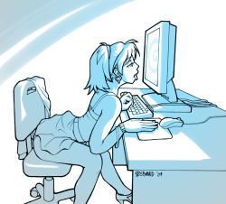 Rule 34 | bracelet, chair, computer, earrings, high heels, hypnosis, jewelry, keyboard, keyboard (computer), leaning forward, mind control, monitor, monochrome, mouse (computer), office chair, panties, ponytail, sitting, skirt, sleepymaid, source request, swivel chair, tongue, tongue out, twintails, underwear