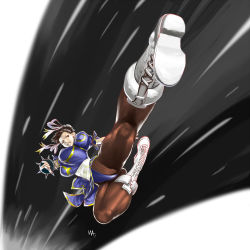 Rule 34 | 1girl, bad id, bad pixiv id, boots, bracelet, breasts, brown eyes, brown hair, bun cover, capcom, china dress, chinese clothes, chun-li, double bun, dress, jewelry, kicking, large breasts, midair, muscular, pantyhose, pelvic curtain, short hair, solo, spiked bracelet, spikes, street fighter, thighs, wakino keibun