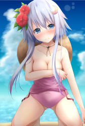 Rule 34 | 1girl, blue eyes, blush, breasts, cleavage, closed mouth, cloud, collarbone, crescent, crescent hair ornament, day, flower, hair between eyes, hair flower, hair ornament, hat, highres, kamijou sadame, kantai collection, long hair, medium breasts, ocean, purple hair, red flower, short hair with long locks, solo, sun hat, water, yayoi (kancolle)