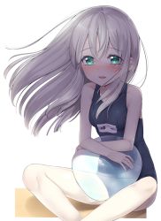Rule 34 | 10s, 1girl, alternate costume, bad id, bad pixiv id, ball, beachball, blonde hair, blue eyes, blush, kantai collection, long hair, looking at viewer, nezumi doshi, one-piece swimsuit, school swimsuit, simple background, solo, swimsuit, u-511 (kancolle)