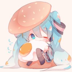 Rule 34 | 1girl, black skirt, black sleeves, black thighhighs, blue eyes, blue hair, blush, bread, brown background, chibi, commentary request, detached sleeves, eating, egg (food), food, fried egg, fuyuzuki gato, hair between eyes, hair ornament, hatsune miku, highres, holding, holding food, in food, long hair, long sleeves, looking at viewer, pleated skirt, simple background, skirt, solo, sunny side up egg, thighhighs, twintails, very long hair, vocaloid, wide sleeves