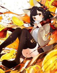 Rule 34 | 1girl, animal ears, black footwear, black hair, black skirt, black tea, black thighhighs, bow, brown eyes, cardigan, cat ears, cup, drinking, enpera, food, fringe trim, fruit, hair bow, holding, holding cup, knees together feet apart, loafers, looking at viewer, open cardigan, open clothes, orange (fruit), orange bow, orange slice, original, plaid, plaid scarf, pleated skirt, red bow, red scarf, scarf, shirt, shoes, skirt, sogawa66, solo, tea, teacup, thighhighs, thighs, white shirt, yellow bow