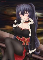 Rule 34 | 1girl, arm support, arms up, black dress, black gloves, black hair, black pantyhose, blush, bow, breasts, choker, choujigen game neptune, cleavage, dress, flower, fur-trimmed sleeves, fur collar, fur trim, gloves, hair between eyes, hair ornament, highres, knee up, long hair, long sleeves, looking at viewer, medium breasts, neptune (series), noire (neptunia), open mouth, pantyhose, pom pom (clothes), red bow, red eyes, rose, scrunchie, signature, sitting, solo, syn (synstyle), thighband pantyhose, twintails, very long hair, white flower, white rose