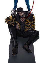 Rule 34 | 2boys, black eyes, black hair, black jacket, black pants, black tank top, brown footwear, chain, chest tattoo, closed mouth, collar, full body, gigues 1905, gold chain, head out of frame, highres, jacket, knee up, leash, long sleeves, looking at viewer, male focus, multicolored clothes, multicolored jacket, multiple boys, nishitani homare iii, pants, ryuu ga gotoku (series), ryuu ga gotoku 7 gaiden, scar, scar on face, scar on lip, shishido kosei, shoes, short hair, sitting, tank top, tattoo, two-tone jacket, white background, yellow jacket