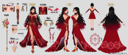 Rule 34 | 1girl, black hair, breasts, character sheet, color guide, copyright notice, detached sleeves, dress, earrings, flower-trimmed dress, full body, gem, gold belt, gradient hair, high heels, jewelry, large breasts, long hair, multicolored hair, multiple views, nijisanji, nijisanji en, red dress, red footwear, red gemstone, red hair, red nails, riz3, scarle yonaguni, scarle yonaguni (2nd costume), second-party source, side slit, sleeveless, sleeveless dress, smile, solo, strapless, strapless dress, streaked hair, thighlet, two-tone nails, virtual youtuber, wand, white nails