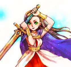 Rule 34 | 1girl, armlet, bracelet, brown hair, cape, choker, circlet, dragon quest, dragon quest viii, dress, earrings, green eyes, highres, huge weapon, jewelry, long hair, medea (dq8), rio-sout, solo, sword, weapon
