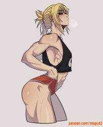 Rule 34 | 1girl, abs, black tank top, blonde hair, blush, braid, breath, clothes pull, fate (series), flat chest, french braid, hair ornament, hair scrunchie, highres, looking to the side, mordred (fate), muscular, muscular female, patreon username, pulled by self, red scrunchie, red shorts, scrunchie, short shorts, shorts, shorts pull, signature, solo, stopu, sweat, tank top, thick thighs, thighs, toned