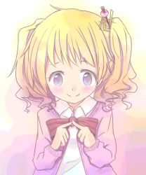 Rule 34 | 10s, 1girl, alice cartelet, blonde hair, blush, bow, fingers together, hair ornament, index fingers together, kawanika, kin-iro mosaic, purple eyes, school uniform, smile, solo, twintails
