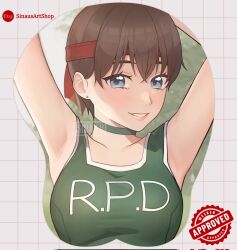 Rule 34 | 1girl, armpits, arms up, artist name, blue eyes, blush, brown hair, choker, collarbone, commentary, corrupted twitter file, crossed bangs, earrings, english commentary, green choker, green sports bra, grey background, headband, highres, jewelry, looking at viewer, mousepad (medium), rebecca chambers, red headband, resident evil, resident evil 0, short hair, sinau, solo, sports bra, stud earrings