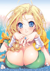 Rule 34 | 1girl, :p, bad id, bad pixiv id, bianca (dq5), blonde hair, blue eyes, breast rest, breasts, cleavage, dragon quest, dragon quest v, earrings, huge breasts, jewelry, kotoji, long hair, lying, solo, tongue, tongue out