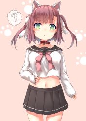 Rule 34 | 1girl, ?, animal ears, azur lane, bow, brown hair, collar, commentary request, fake animal ears, green eyes, hair bow, hair ribbon, highres, inushida (dogsheepsheep), long hair, looking at viewer, navel, parted lips, paw print, pleated skirt, ribbon, school uniform, serafuku, shiratsuyu (azur lane), simple background, skirt, solo, spoken question mark, two side up