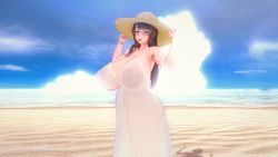 Rule 34 | 1girl, beach, blush, breasts, brown hair, day, glasses, hat, highres, holding, holding clothes, holding hat, horizon, huge breasts, long hair, looking at viewer, ocean, see-through, smile, straw hat, sun hat, watch
