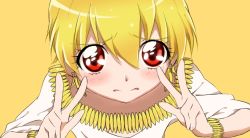 Rule 34 | 1boy, bad id, bad pixiv id, blonde hair, bracelet, child, double v, earrings, eye focus, eyelashes, fate/zero, fate (series), gilgamesh (fate), jewelry, male focus, necklace, parody, precure, red eyes, short hair, simple background, smile precure!, solo, style parody, v, yaki-6