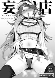 Rule 34 | 1girl, ass, blush, breasts, clothes lift, condom, condom belt, condom in mouth, granblue fantasy, greyscale, hat, long hair, mary (granblue fantasy), midriff, miniskirt, monochrome, mouth hold, multiple condoms, navel, pija (pianiishimo), skirt, skirt lift, solo, thighhighs, thong, used condom