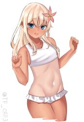Rule 34 | 1girl, bikini, blonde hair, blue eyes, breasts, commentary request, cowboy shot, cropped legs, flower, hair flower, hair ornament, highres, kantai collection, long hair, looking at viewer, official alternate costume, one-hour drawing challenge, one-piece tan, ro-500 (kancolle), simple background, small breasts, smile, solo, standing, swimsuit, tan, tanline, tf cafe, white background, white bikini