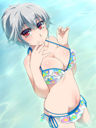 Rule 34 | 1girl, alternate hairstyle, bad id, bad pixiv id, bare shoulders, bikini, bikini skirt, bow, breasts, collarbone, floral print, frilled bikini, frills, from above, hair bow, halterneck, hand to own mouth, hayashi custom, highres, izayoi sakuya, lace, light smile, looking at viewer, multicolored bikini, multicolored clothes, navel, ocean, partially submerged, ponytail, red eyes, short hair, side-tie bikini bottom, silver hair, smile, solo, swimsuit, touhou, wading, water, white bikini