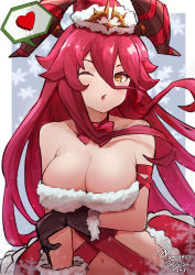 Rule 34 | 1girl, arm under breasts, artist name, bare shoulders, blush, bow, bowtie, breasts, christmas, cleavage, collarbone, dated, diffraction spikes, dragalia lost, fang, fur trim, gloves, hair between eyes, hat, heart, highres, horns, large breasts, long hair, looking at viewer, mym (dragalia lost), navel, one eye closed, open mouth, puckered lips, punished pigeon, ribbon, santa hat, skin fang, solo, speech bubble, spoken heart, very long hair, yellow eyes