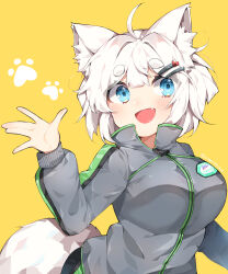 Rule 34 | absurdres, animal ears, black choker, blue eyes, choker, commentary request, dog ears, dog tail, hairpin, highres, korean text, looking at viewer, medium hair, military uniform, multiple hairpins, original, simple background, tail, uniform, wang0424, white hair, yellow background