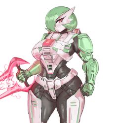 Rule 34 | absurdres, armor, arms at sides, bob cut, closed mouth, cosplay, creatures (company), furry, furry female, game freak, gardevoir, gen 3 pokemon, girlsay, green hair, hair over one eye, halo (series), highres, holding, holding weapon, looking at viewer, medium hair, nintendo, pokemon, power armor, red eyes, simple background, sketch, solo, spartan (halo), tsurime, type-1 energy sword, weapon, white background
