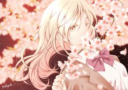 Rule 34 | 1girl, blonde hair, bow, bowtie, branch, breast pocket, breasts, brown eyes, brown jacket, cherry blossoms, collared shirt, commentary, covered mouth, diagonal stripes, flower, hair between eyes, holding, holding branch, jacket, long hair, looking at viewer, open clothes, open jacket, original, pink bow, pink bowtie, pink flower, pocket, school uniform, sheepd, shirt, signature, small breasts, solo, striped, very long hair, white shirt