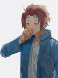 Rule 34 | 1boy, blood, blood on clothes, blood on hands, blue-tinted eyewear, blue eyes, blue jacket, blue theme, brown hair, eternalpillow04, goggles, goggles on head, hand up, highres, jacket, jin yuuichi, long sleeves, looking ahead, male focus, nosebleed, shirt, short hair, simple background, solo, surprised, tinted eyewear, uniform, upper body, v-neck, white background, white shirt, world trigger