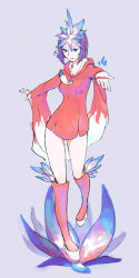 Rule 34 | 1girl, boots, breasts, devil survivor, dress, eyebrows, feathers, female focus, full body, headdress, knee boots, kuzuryuu amane, long sleeves, looking at viewer, megami tensei, outstretched arm, outstretched hand, purple eyes, purple hair, red dress, red skirt, short hair, simple background, skirt, smile, solo, standing, standing on one leg