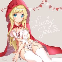 Rule 34 | 1girl, alternate costume, blonde hair, blue eyes, blush, bow, chou2, closed mouth, coat, grey background, highres, jervis (kancolle), kantai collection, little red riding hood, long hair, looking at viewer, one-hour drawing challenge, panties, red bow, red coat, simple background, sitting, thighhighs, underwear, white panties, white thighhighs