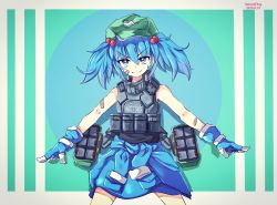 Rule 34 | &gt;:), 1girl, armor, artist name, bandaid, bandaid on arm, bandaid on face, blue eyes, blue gloves, blue hair, blue skirt, bright pupils, closed mouth, clothes around waist, commentary request, cowboy shot, dated, gloves, gradient background, green hat, hair between eyes, hair bobbles, hair ornament, hakurei fling, hat, highres, kawashiro nitori, legs apart, looking at viewer, rocket launcher, short hair, skirt, solo, standing, sweater, sweater around waist, touhou, twintails, v-shaped eyebrows, weapon