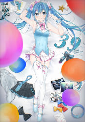 Rule 34 | 1girl, 39, absurdres, ahoge, armpits, blue eyes, blue footwear, blue hair, blue nails, bow, bowtie, drawing kanon, envelope, full body, garter straps, hair between eyes, hatsune miku, highres, holding, holding microphone, long hair, lying, mary janes, microphone, nail polish, on back, photo (object), pleated skirt, shoes, skirt, unworn skirt, solo, twintails, vocaloid, white legwear