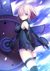 Rule 34 | 1girl, ass, back, bad id, bad pixiv id, bare shoulders, black dress, black thighhighs, blush, breasts, commentary request, dress, elbow gloves, fate/grand order, fate (series), from behind, gloves, hair over one eye, harimoji, large breasts, looking at viewer, looking back, mash kyrielight, purple eyes, purple hair, short hair, solo, thighhighs