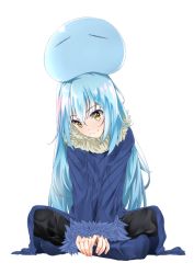 Rule 34 | 1other, androgynous, black pants, blue coat, blue footwear, blue hair, blush, boots, coat, dashu, dual persona, fingernails, fur-trimmed collar, fur-trimmed sleeves, fur trim, hands on own feet, head tilt, indian style, long hair, long sleeves, looking at viewer, object on head, own hands together, pants, rimuru tempest, simple background, sitting, slime (creature), smile, tensei shitara slime datta ken, v arms, very long hair, white background, yellow eyes