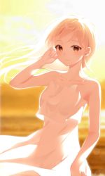 Rule 34 | 1girl, artist name, bad id, bad twitter id, bare arms, bare shoulders, blonde hair, blurry, blurry background, breasts, collarbone, commentary, copyright request, dd 0000, depth of field, dress, floating hair, hand in own hair, hand up, highres, looking at viewer, outdoors, red eyes, sleeveless, sleeveless dress, small breasts, smile, solo, symbol-only commentary, white dress