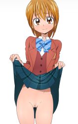 Rule 34 | 00s, 1girl, blue bow, blush, bow, brown eyes, brown hair, cleft of venus, clothes lift, female pubic hair, futari wa precure, looking at viewer, misumi nagisa, no panties, oimanji, plaid, plaid skirt, precure, pubic hair, pussy, school uniform, simple background, skirt, skirt lift, smile, solo, uncensored, white background