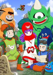 Rule 34 | 1girl, 2boys, bat (animal), brown hair, character request, clenched teeth, cloud, creature, cyclops, dragon quest, fangs, furatto, giggles (happy tree friends), gloves, goggles, goggles on head, green eyes, highres, horns, indian style, monster, multiple boys, one-eyed, orange hair, outdoors, purple eyes, purple hair, shield, single horn, sitting, sky, slime (dragon quest), staff, standing, sweatdrop, teeth