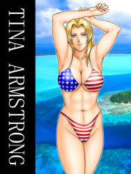Rule 34 | 1girl, american flag bikini, armpits, arms up, beach, bikini, blonde hair, blue eyes, cameltoe, cleft of venus, day, dead or alive, flag print, kitamura (bamboo), muscular, outdoors, solo, swimsuit, tecmo, tina armstrong, united states