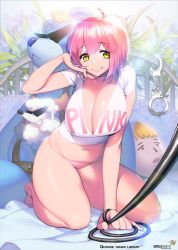 Rule 34 | 1girl, :&gt;, ahoge, arm support, bare legs, barefoot, bear, belly, breasts, cleavage, cuffs, fingernails, glint, handcuffs, hichi, highres, huge breasts, kamina shades, leaning forward, long fingernails, md5 mismatch, navel, no pants, panties, pink hair, pink panties, plump, poodle, qurare magic library, resized, short hair, sitting, solo, sparkle, string panties, thick thighs, thighs, underwear, watermark, wide hips, yellow eyes
