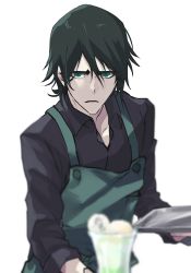 Rule 34 | 1boy, alternate costume, apron, arrancar, bad id, bad pixiv id, black hair, black shirt, bleach, blurry, blurry foreground, collared shirt, d:, dress shirt, green apron, green eyes, hair between eyes, highres, hishui prpr, looking at viewer, open mouth, shirt, short hair, simple background, solo, straight hair, ulquiorra cifer, upper body, white background, wing collar