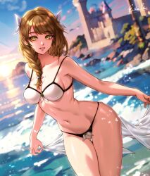 Rule 34 | 1girl, alternate costume, artist name, beach, bikini, black bikini, blue sky, blurry, blurry background, braid, braided ponytail, breasts, brown hair, cleavage, commentary, english commentary, esther shen, fire emblem, fire emblem engage, goldmary (fire emblem), grin, hair ribbon, large breasts, lips, long hair, looking at viewer, navel, nintendo, ocean, outdoors, pink lips, ribbon, sky, smile, solo, stomach, sunlight, swimsuit, teeth, two-tone bikini, water, white bikini, white ribbon, yellow eyes