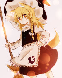 Rule 34 | 1girl, absurdres, animal ear fluff, animal ears, animal print, apron, black vest, blonde hair, bow, braid, broom, cat print, chinese commentary, closed mouth, commentary request, fox ears, fox tail, hair between eyes, hair bow, hand on own hip, hat, highres, holding, holding broom, kirisame marisa, light blush, long hair, long sleeves, looking at viewer, niangao (8490593), side braid, single braid, solo, tail, touhou, turtleneck, vest, waist apron, white bow, witch hat, yellow eyes