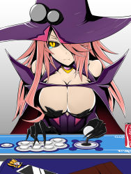 Rule 34 | 1girl, arc system works, arcade, bare shoulders, black sclera, blazblue, blazblue: central fiction, breasts, cameo, cape, cellphone, cleavage, colored sclera, detached sleeves, gloves, hair over one eye, hat, highres, jubei (blazblue), konoe a. mercury, large breasts, long hair, looking at viewer, phantom (blazblue), phone, pink hair, playing games, pout, slit pupils, solo, tears, valthazeryus, wavy mouth, yellow eyes