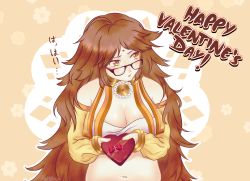 Rule 34 | 1girl, absurdres, averting eyes, bare shoulders, bindi, black-framed eyewear, blush, breasts, brown eyes, brown hair, cleavage, fate/extra, fate/extra ccc, fate/grand order, fate (series), ganesha (fate), glasses, highres, jinako carigiri, large breasts, lilynee, long hair, long sleeves, midriff, navel, open mouth, plump, solo, translation request, twitter username, valentine, very long hair