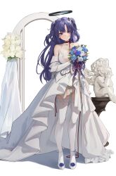 Rule 34 | 1girl, absurdres, alternate costume, bare shoulders, blue archive, blue eyes, blue flower, bouquet, breasts, choker, cleavage, closed mouth, dress, flower, full body, gloves, high heels, highres, holding, holding bouquet, jewelry, large breasts, leviathan (hikinito0902), long hair, looking at viewer, medium breasts, necklace, pink flower, purple eyes, purple hair, red choker, shoes, simple background, smile, solo, standing, thighhighs, two side up, wedding dress, white background, white dress, white flower, white footwear, white gloves, white thighhighs, yuuka (blue archive)